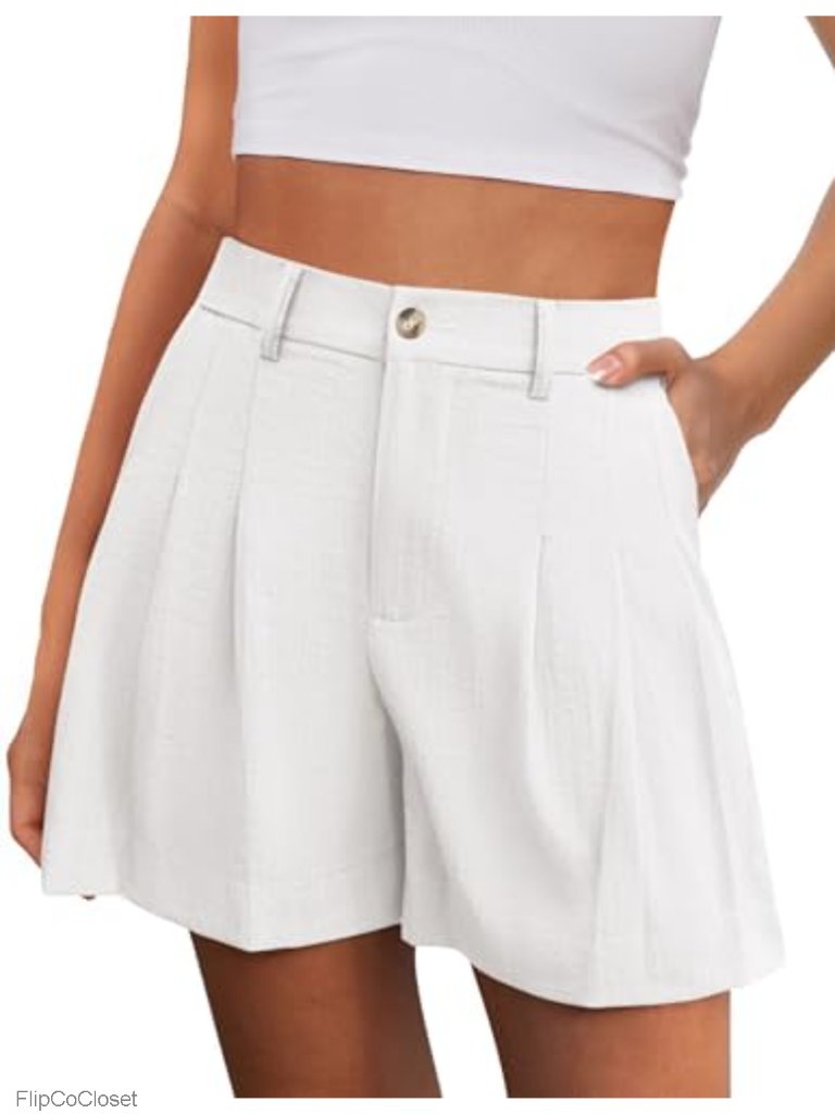 High Waisted Pleated Shorts With Pockets Elastic Waist Button Zipper